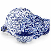 Selene 12-Piece Porcelain Dinnerware Set with blue and white glaze and Japanese-inspired design - including matching plates and bowls-vancasso