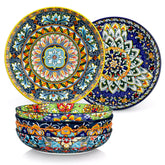 Boho chic porcelain pasta bowls set of 6 with colorful cherry tomatoes and lemons on a wooden surface-vancasso