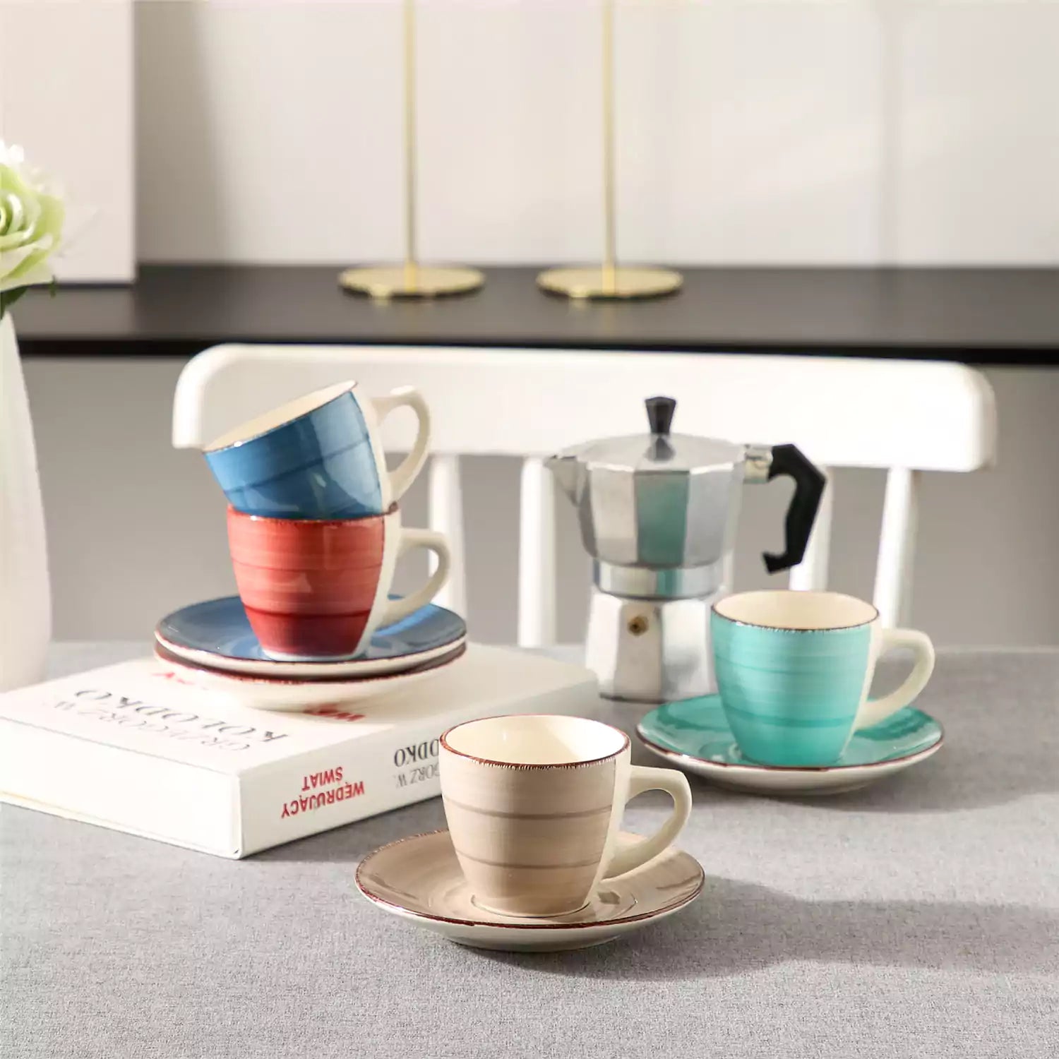 Steaming coffee served in colorful spiral stoneware cups and saucers-handmade vintage design - B