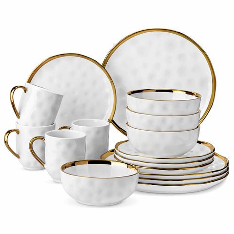 Lovecasa 16-Piece Dinnerware Set With Gold Trim Made Of Durable Porcelain Perfect For Elegant Dining And Everyday Use - White