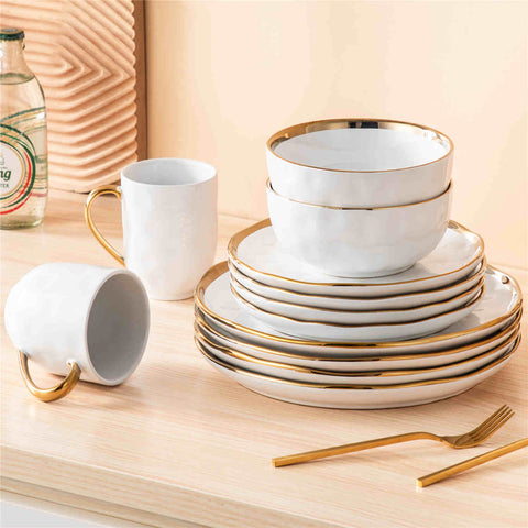 Lovecasa 16-Piece Dinnerware Set With Gold Trim Made Of Durable Porcelain Perfect For Elegant Dining And Everyday Use - White