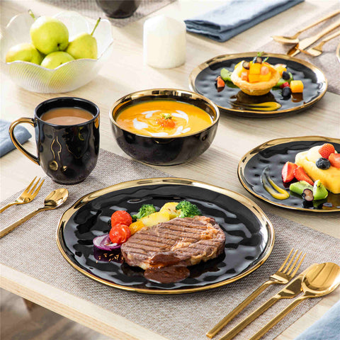 Lovecasa 16-Piece Dinnerware Set With Gold Trim Made Of Durable Porcelain Perfect For Elegant Dining And Everyday Use - Black