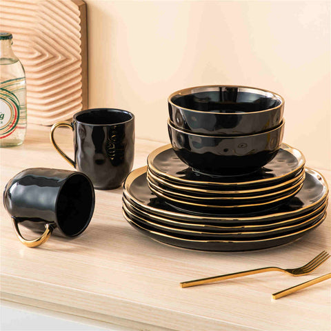 Lovecasa 16-Piece Dinnerware Set With Gold Trim Made Of Durable Porcelain Perfect For Elegant Dining And Everyday Use - Black