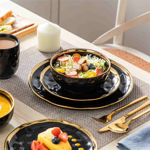 Lovecasa 16-Piece Dinnerware Set With Gold Trim Made Of Durable Porcelain Perfect For Elegant Dining And Everyday Use - Black