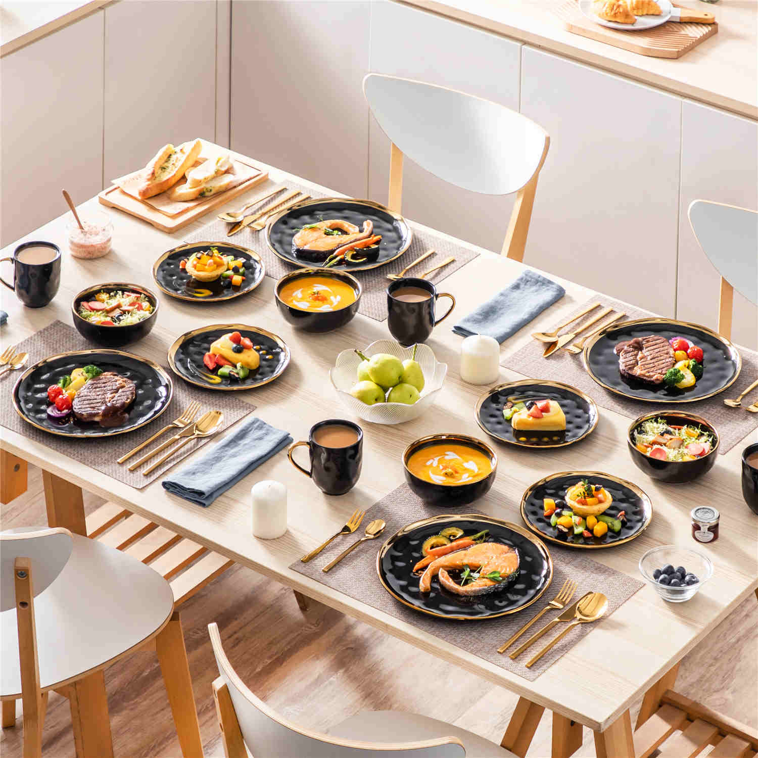 Lovecasa 16-Piece Dinnerware Set With Gold Trim Made Of Durable Porcelain Perfect For Elegant Dining And Everyday Use - Black