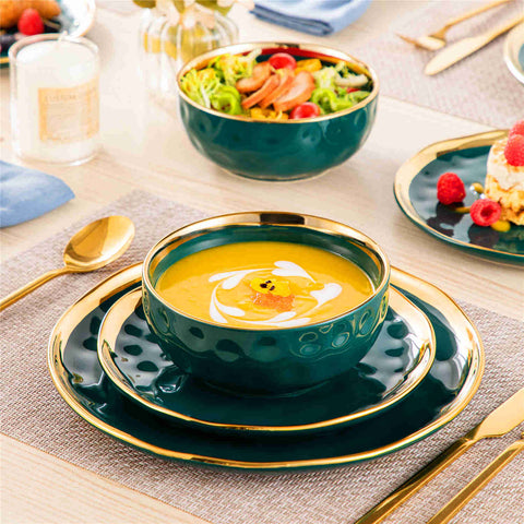 LOVECASA Gold Trim 12 Piece Dinnerware Set in Green - Includes Plates And Bowls - Stackable And Dishwasher Safe
