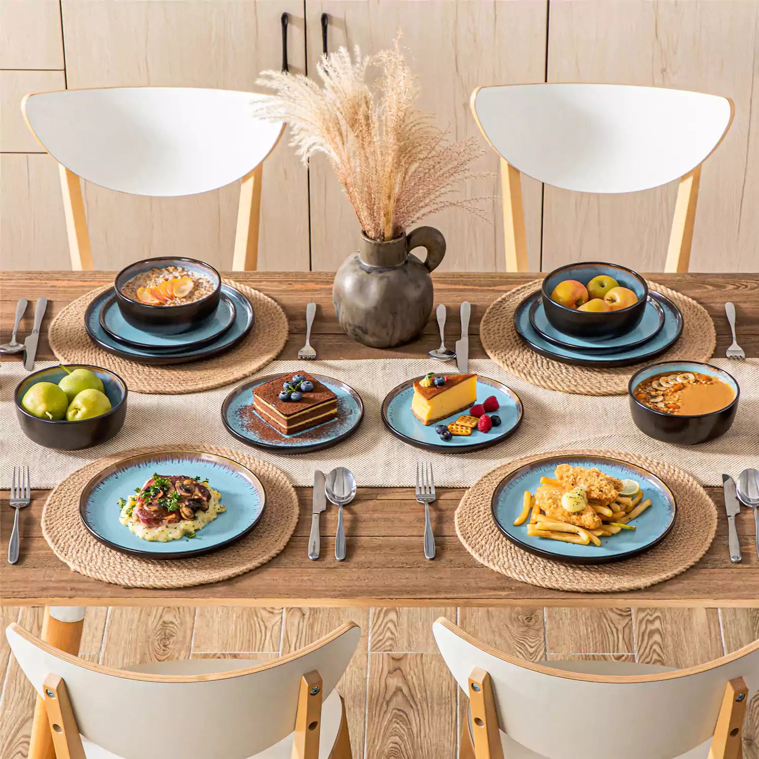 Rustic dining table with Amber 12-piece stoneware dinnerware in farmhouse blue - featuring reactive glaze plates - bowls - and utensils by vancasso