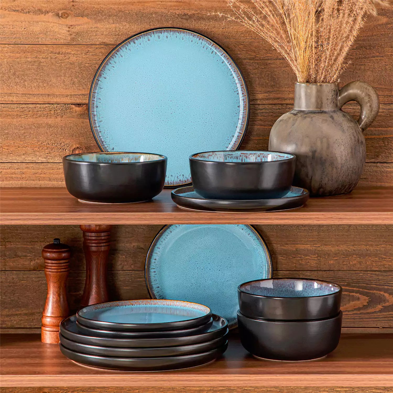 Rustic dining table with Amber 12-piece stoneware dinnerware in farmhouse blue - featuring reactive glaze plates - bowls - and utensils by vancasso
