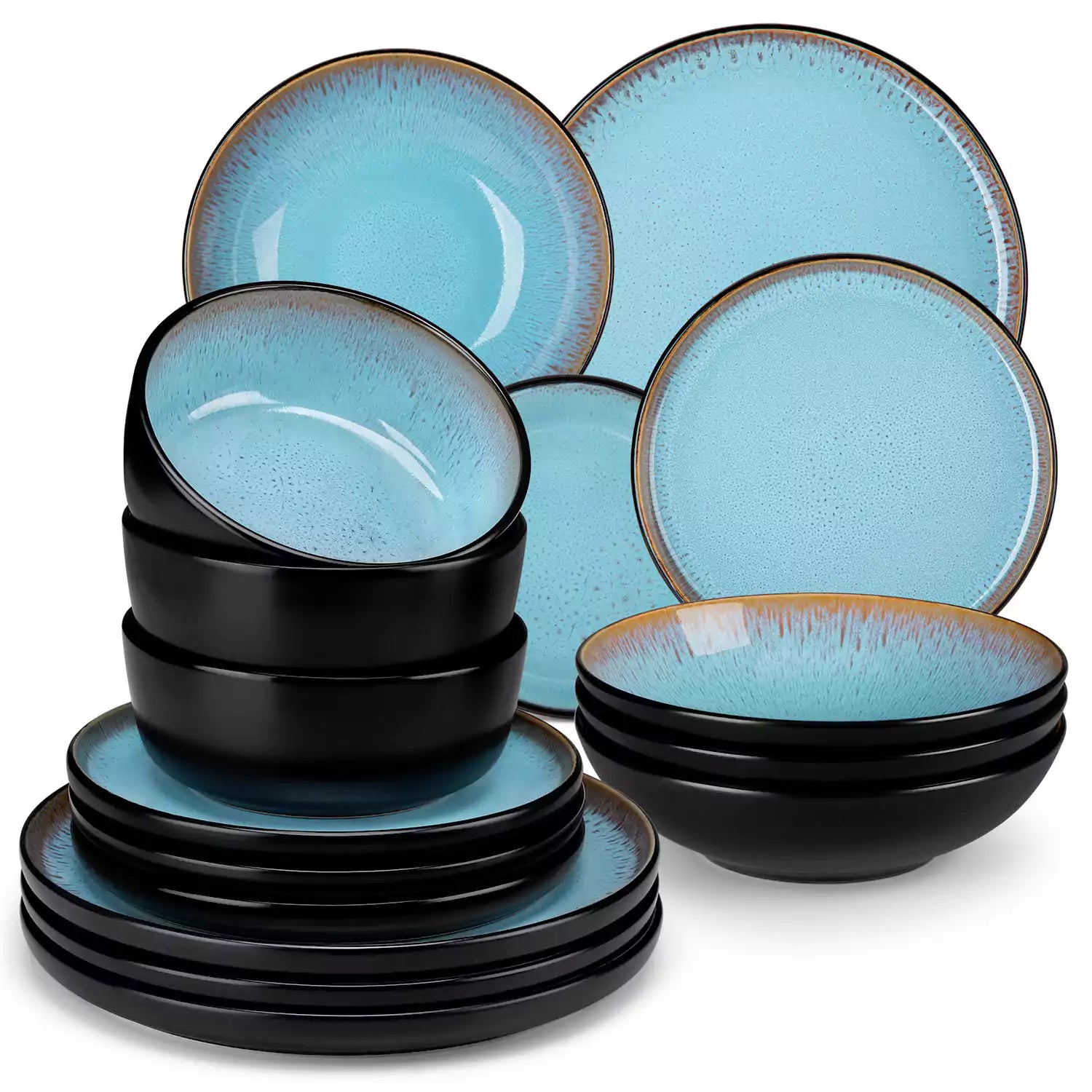 Assorted dishes with soup - dessert - and fruit salad on rustic wooden table - Amber 16-Piece blue stoneware dinnerware set with plates and bowls by vancasso