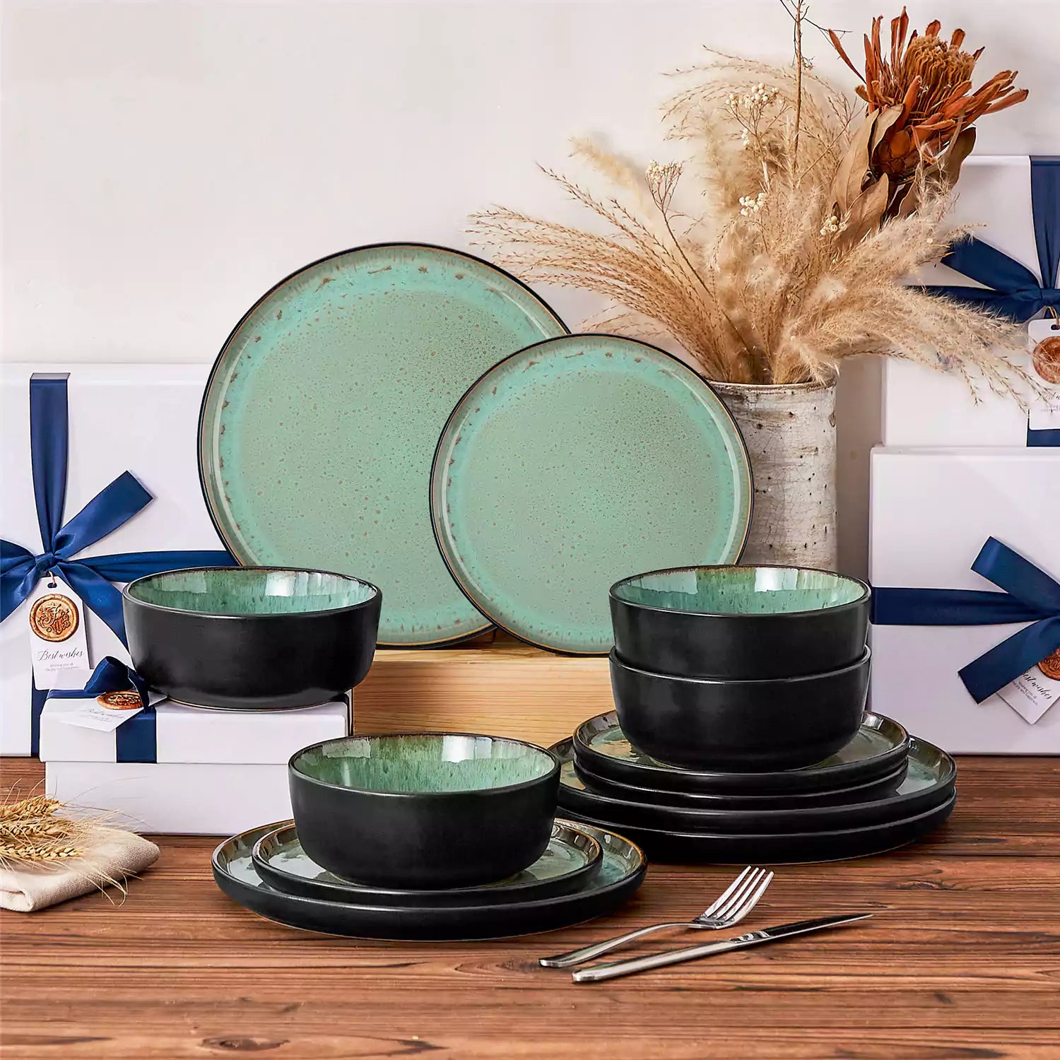 Rustic dining table with Amber 12-piece stoneware dinnerware in farmhouse green - featuring reactive glaze plates - bowls - and utensils by vancasso