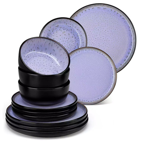Rustic dining table with Amber 12-piece stoneware dinnerware in farmhouse violet - featuring reactive glaze plates - bowls - and utensils by vancasso