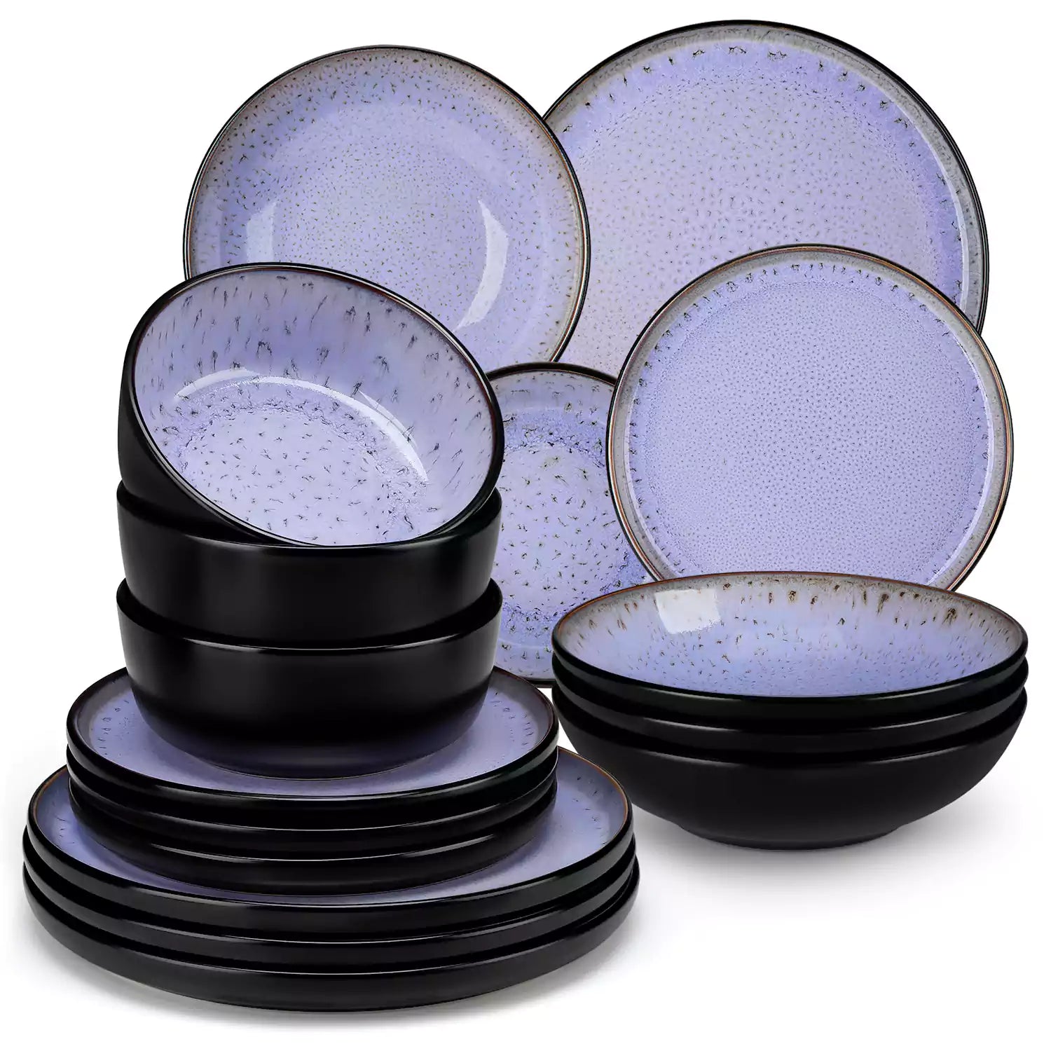 Assorted dishes with soup - dessert - and fruit salad on rustic wooden table - Amber 16-Piece violet stoneware dinnerware set with plates and bowls by vancasso