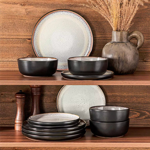 Rustic dining table with Amber 12-piece stoneware dinnerware in farmhouse beige - featuring reactive glaze plates - bowls - and utensils by vancasso