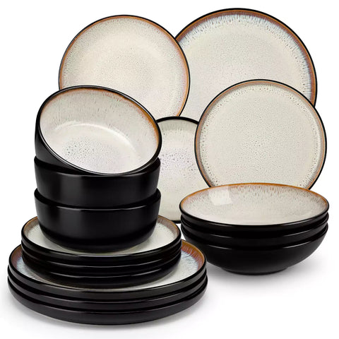 Assorted dishes with soup - dessert - and fruit salad on rustic wooden table - Amber 16-Piece beige stoneware dinnerware set with plates and bowls by vancasso