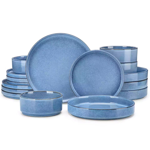 Anya 16 piece straight edge stoneware dinner set in blue with pasta soup and pastries on a modern farmhouse table
