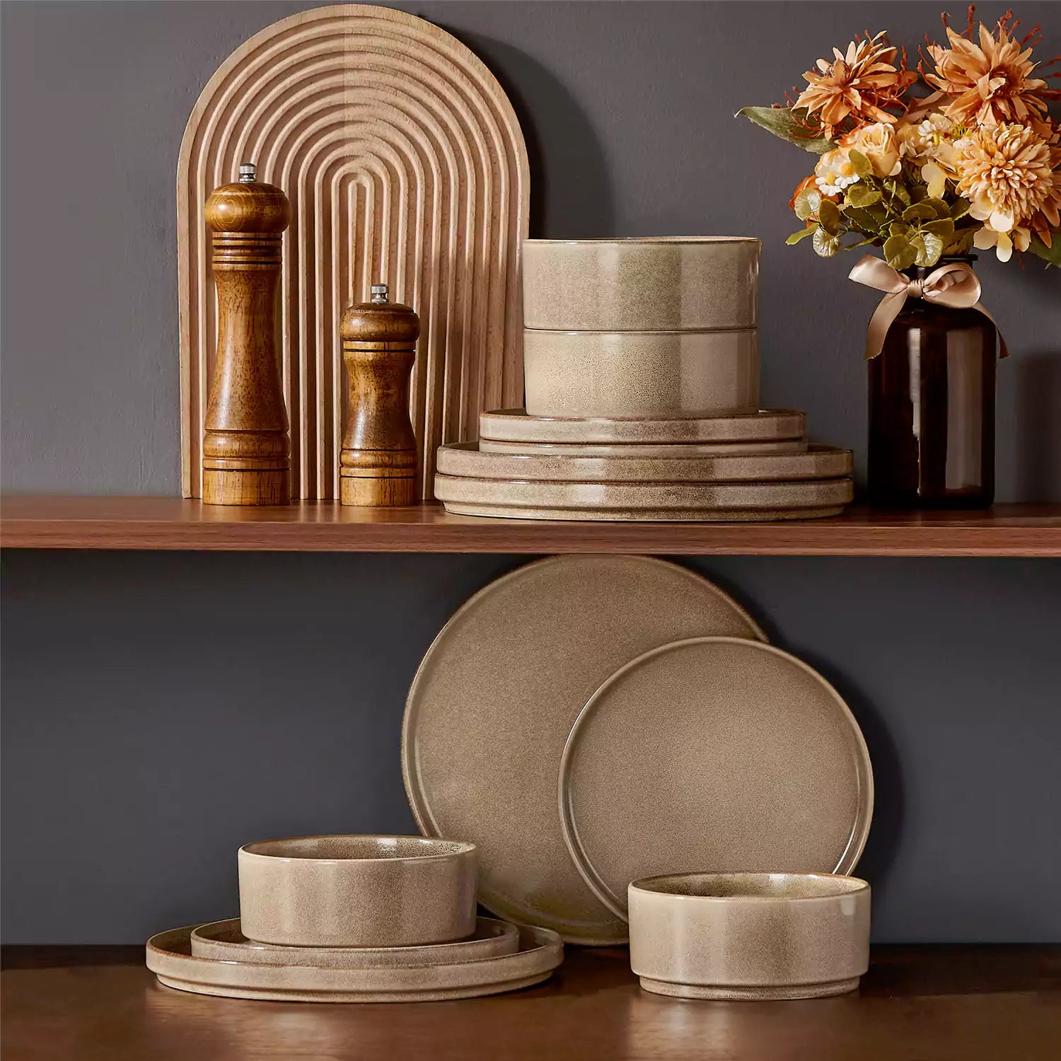 Anya 12 piece straight edge stoneware dinner set in caramel with food on a rustic farmhouse wooden table with a side salad and cutlery