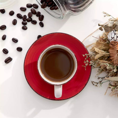 Colorful stoneware coffee cups and saucers set of 6 with vintage handmade charm, perfect for serving espresso or morning brews.