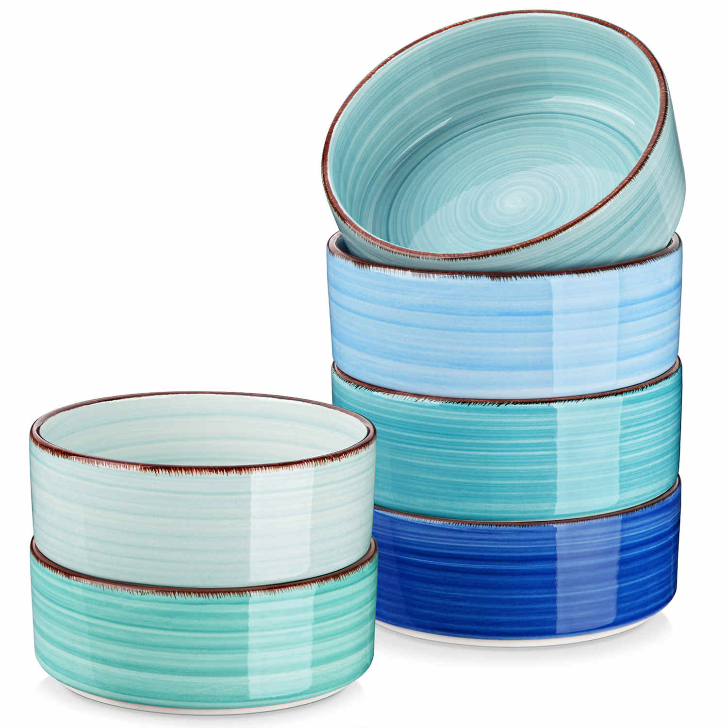 Blue Bonita straight-edge cereal bowls set of 6 on a white table - filled with oats - pear - and pasta - accented with lemons and greenery for a fresh - natural look