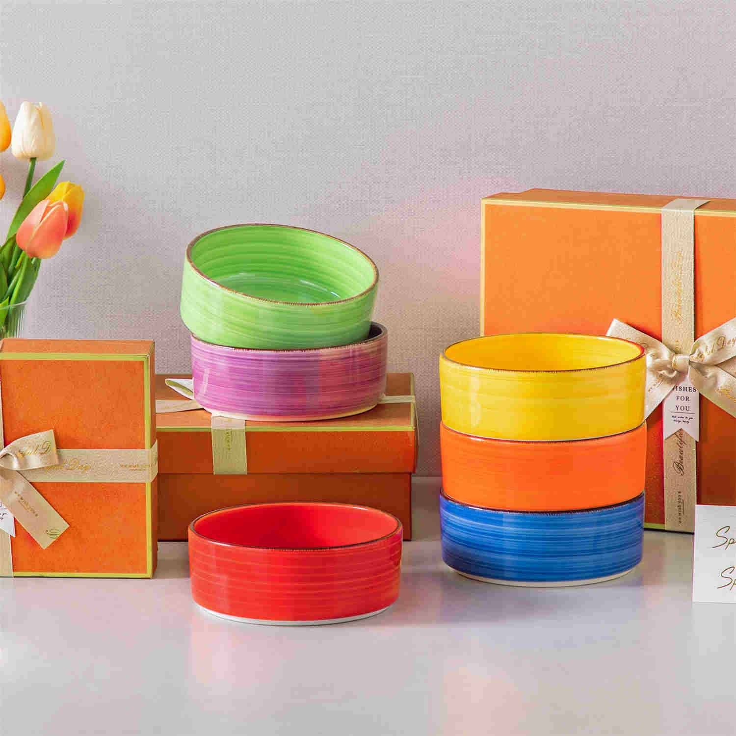 Multicolor Bonita straight-edge cereal bowls set of 6 on a white table - filled with oats - pear - and pasta - accented with lemons and greenery for a fresh - natural look