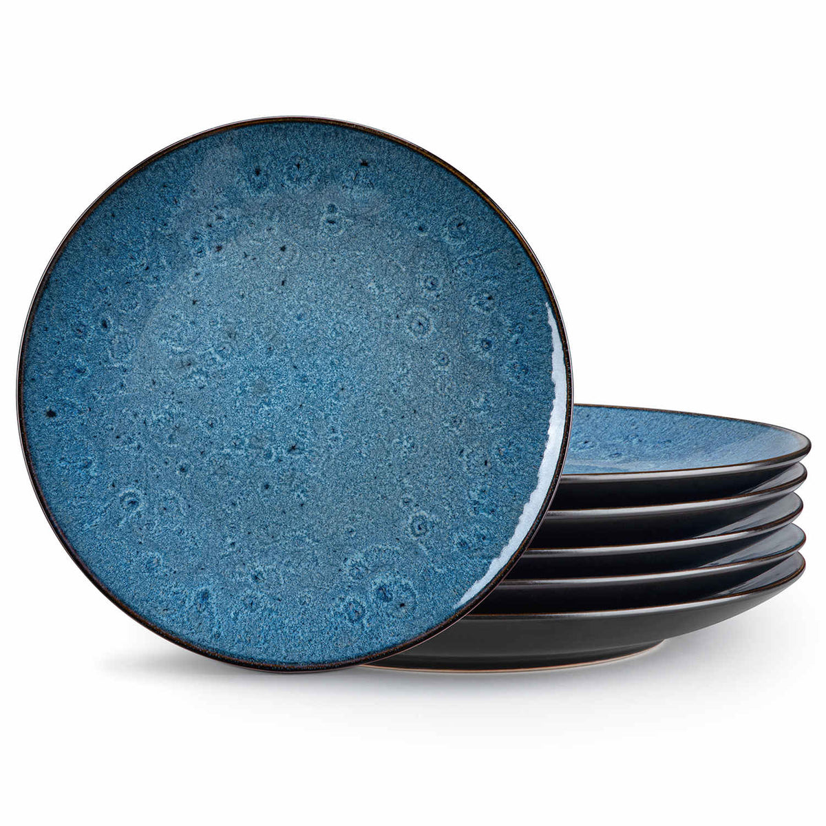 Farmhouse Blue Bubble Stoneware Dinner Plates Set of 6 with Reactive Glaze-vancasso