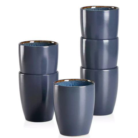 Set of 6 bubble stoneware mugs in rich blue - green - and brown tones with reactive glaze and matte black exterior - ideal for coffee -  tea - or cozy mornings - Blue