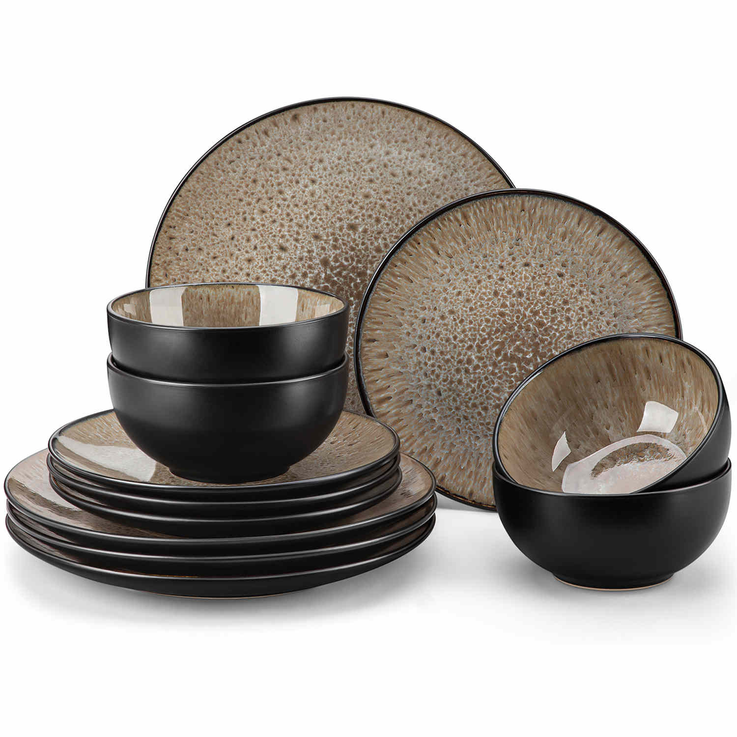 The Bubble 12-Piece Dinnerware Set features stoneware with a reactive glaze - offering farmhouse charm in brown plates and bowls - perfect for serving 4-vancasso