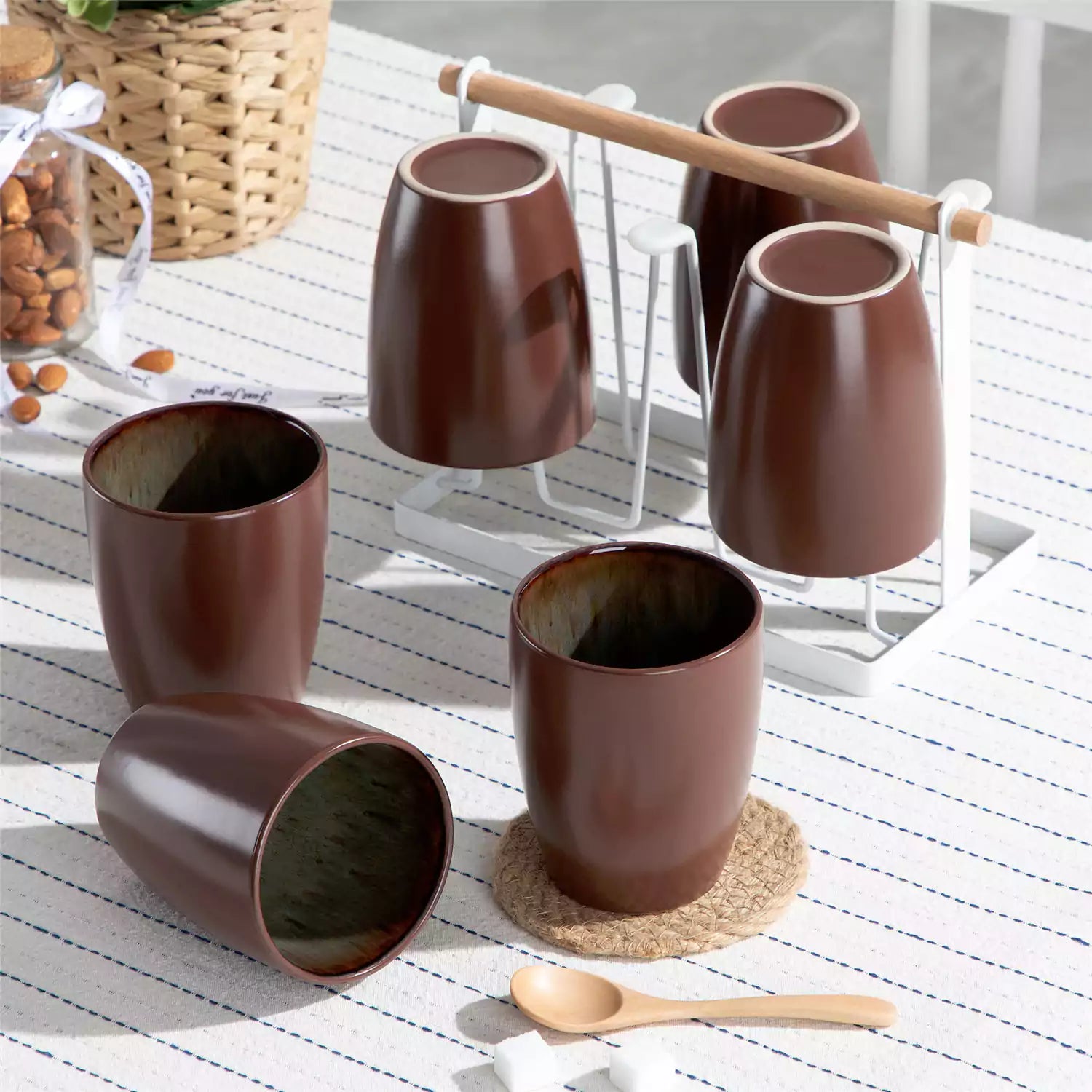 Set of 6 bubble stoneware mugs in rich blue - green - and brown tones with reactive glaze and matte black exterior - ideal for coffee -  tea - or cozy mornings - Brown