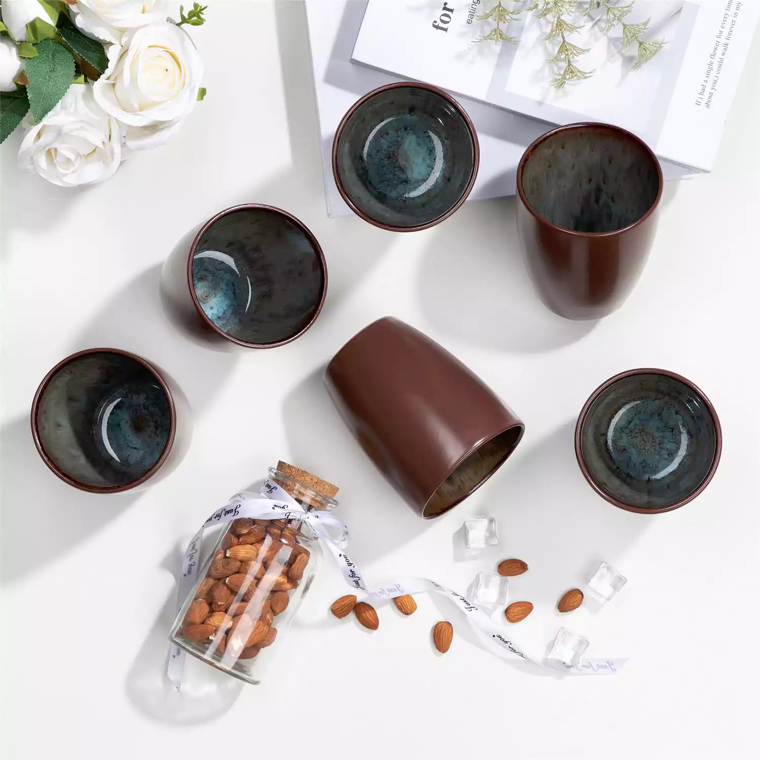 Set of 6 bubble stoneware mugs in rich blue - green - and brown tones with reactive glaze and matte black exterior - ideal for coffee -  tea - or cozy mornings - Brown