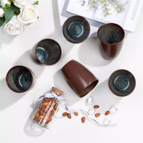 Set of 6 bubble stoneware mugs in rich blue - green - and brown tones with reactive glaze and matte black exterior - ideal for coffee -  tea - or cozy mornings - Brown