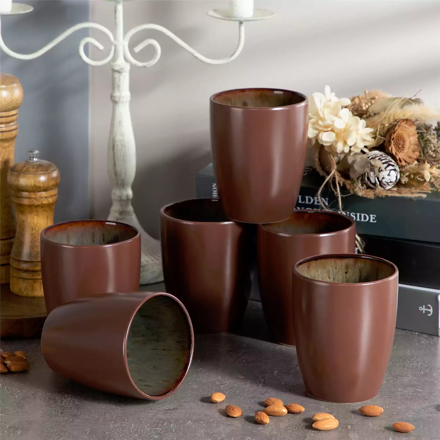 Set of 6 bubble stoneware mugs in rich blue - green - and brown tones with reactive glaze and matte black exterior - ideal for coffee -  tea - or cozy mornings - Brown