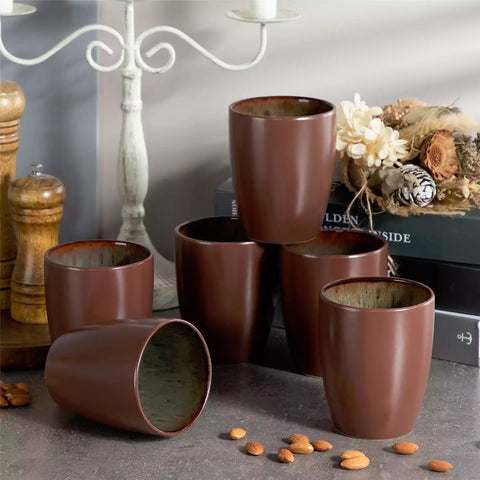 Set of 6 bubble stoneware mugs in rich blue - green - and brown tones with reactive glaze and matte black exterior - ideal for coffee -  tea - or cozy mornings - Brown