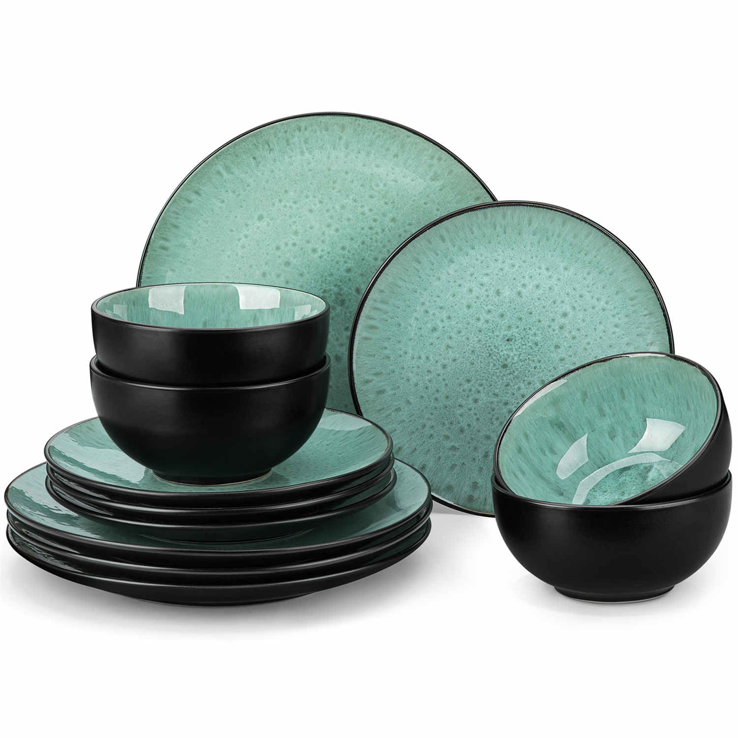 The Bubble 12-Piece Dinnerware Set features stoneware with a reactive glaze - offering farmhouse charm in green plates and bowls - perfect for serving 4-vancasso