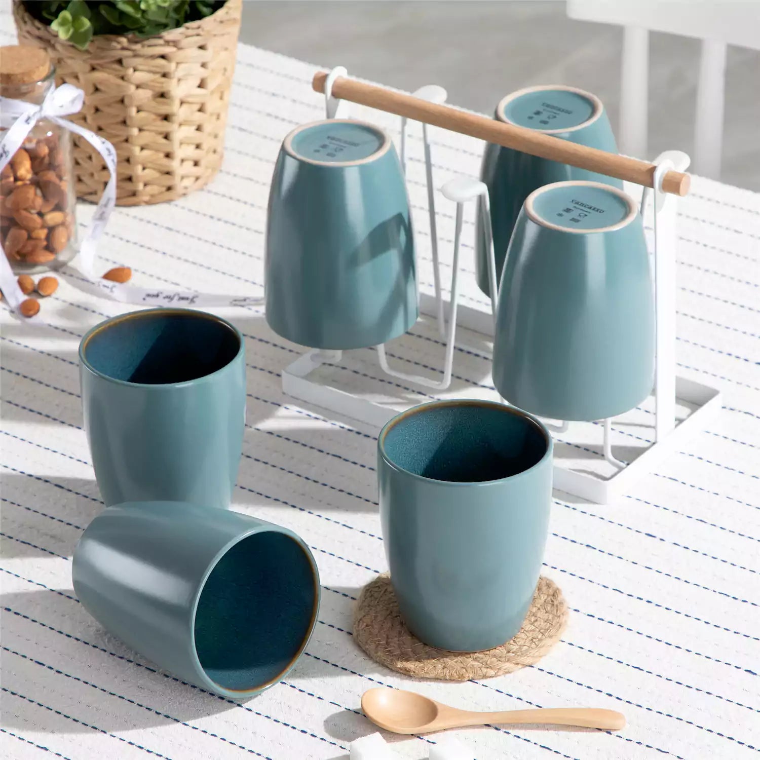 Set of 6 bubble stoneware mugs in rich blue - green - and brown tones with reactive glaze and matte black exterior - ideal for coffee -  tea - or cozy mornings - Green