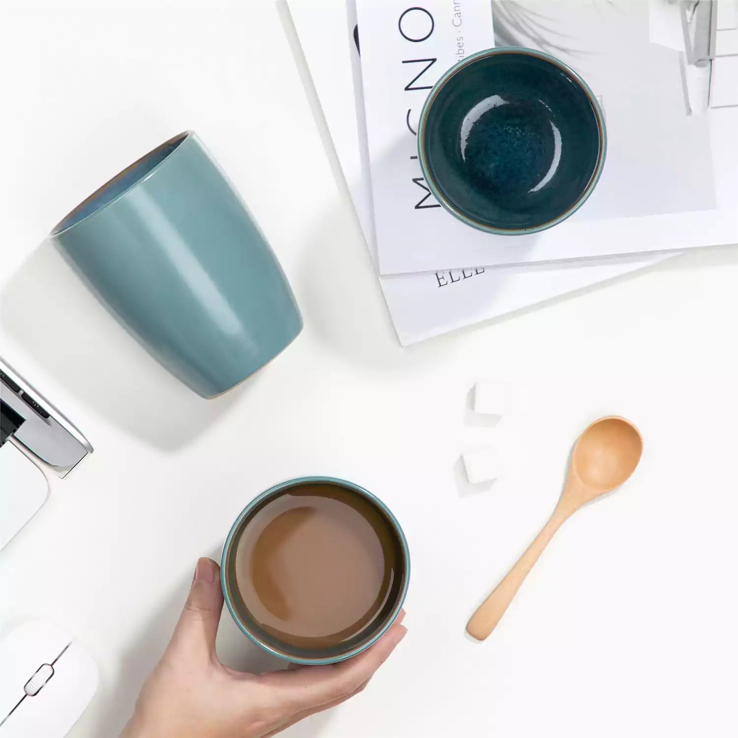 Set of 6 bubble stoneware mugs in rich blue - green - and brown tones with reactive glaze and matte black exterior - ideal for coffee -  tea - or cozy mornings - Green