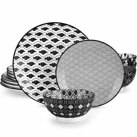 Asian Inspired Japanese Style Haruka 12 Piece Porcelain Dinnerware Set with Bowls-vancasso