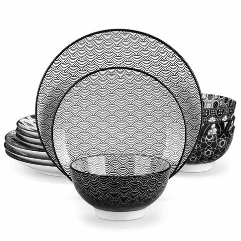 Asian Inspired Japanese Style Haruka 12 Piece Porcelain Dinnerware Set with Bowls-vancasso