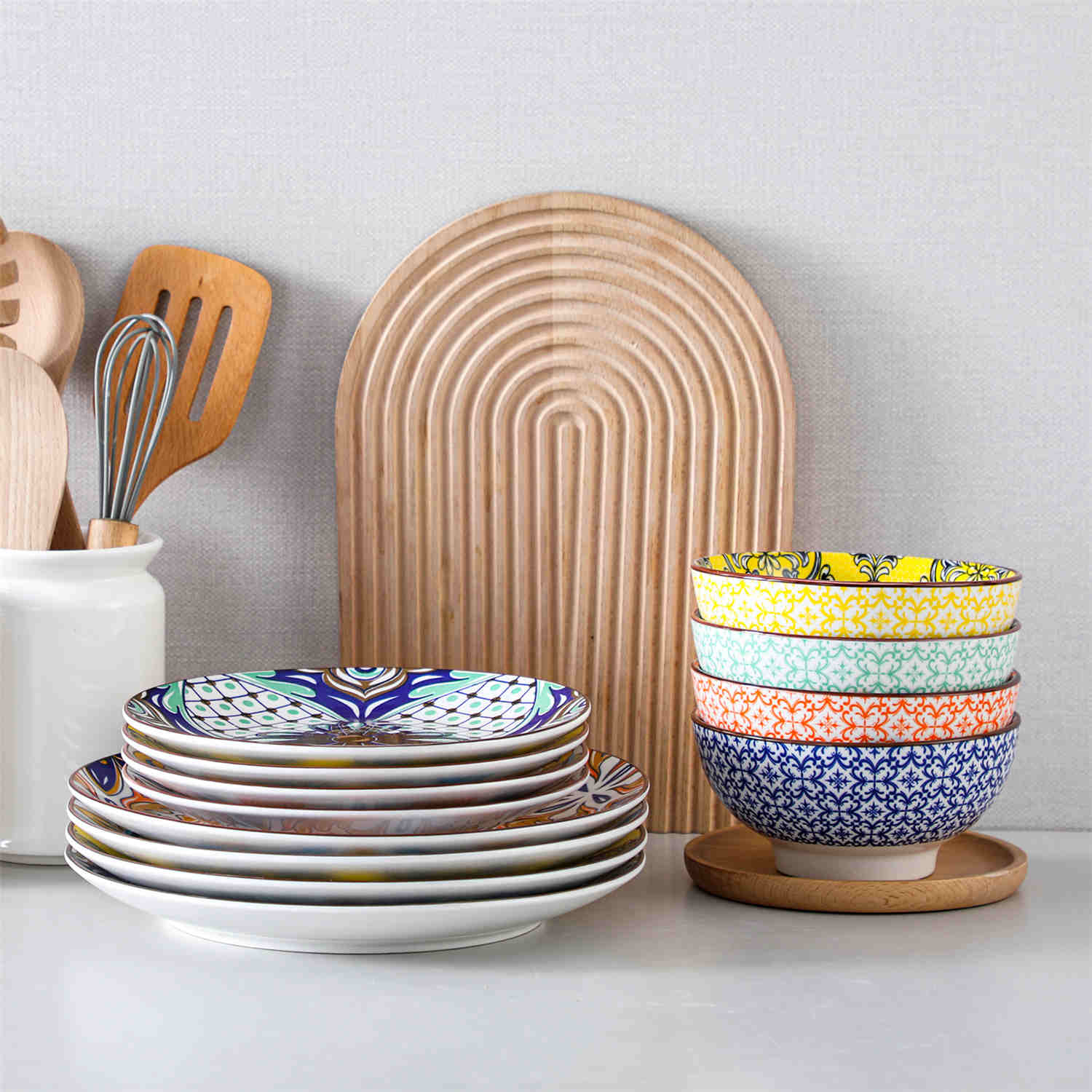 Boho Chic Jasmin 12 Piece Porcelain Round Dinnerware Set with Bowls-vancasso