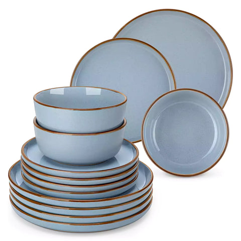 Loire 18-Piece Stoneware Dinnerware Set With Flat Shapes Speckled Glaze And Warm Brown Trim - Blue