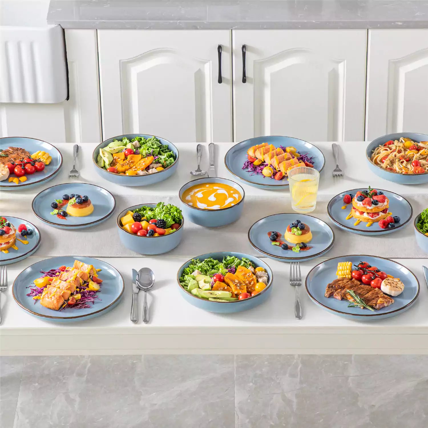 Loire 16-Piece Stoneware Dinnerware Set With A Refined Speckled Glaze And Earthy Brown Trim Ideal For Everyday Meals or Casual Gatherings - Blue