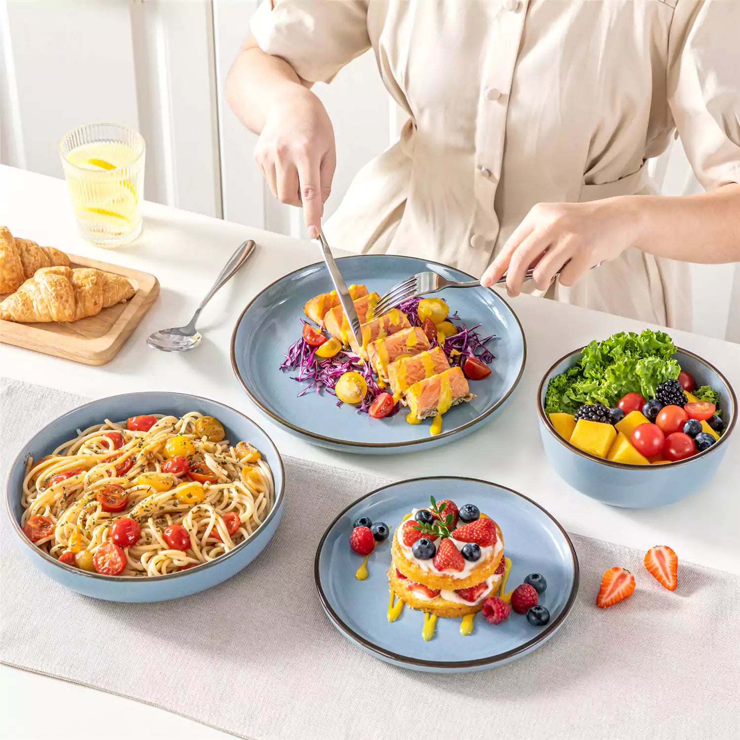 Loire 16-Piece Stoneware Dinnerware Set With A Refined Speckled Glaze And Earthy Brown Trim Ideal For Everyday Meals or Casual Gatherings - Blue