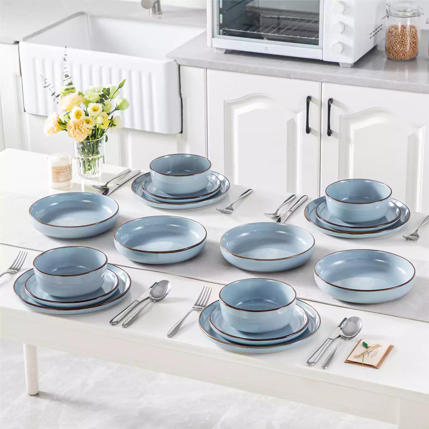 Loire 16-Piece Stoneware Dinnerware Set With A Refined Speckled Glaze And Earthy Brown Trim Ideal For Everyday Meals or Casual Gatherings - Blue