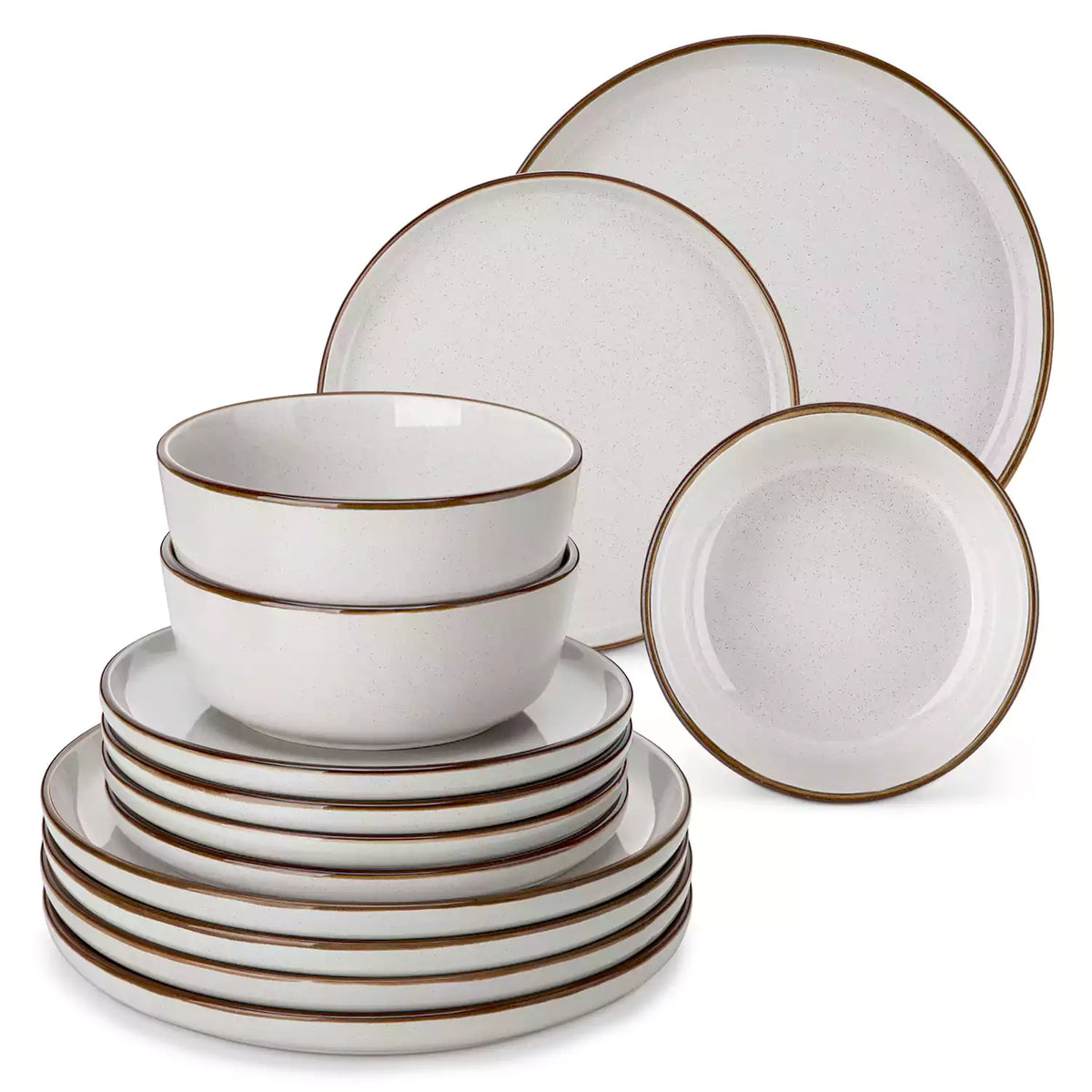 Loire 18-Piece Stoneware Dinnerware Set With Flat Shapes Speckled Glaze And Warm Brown Trim - Grey