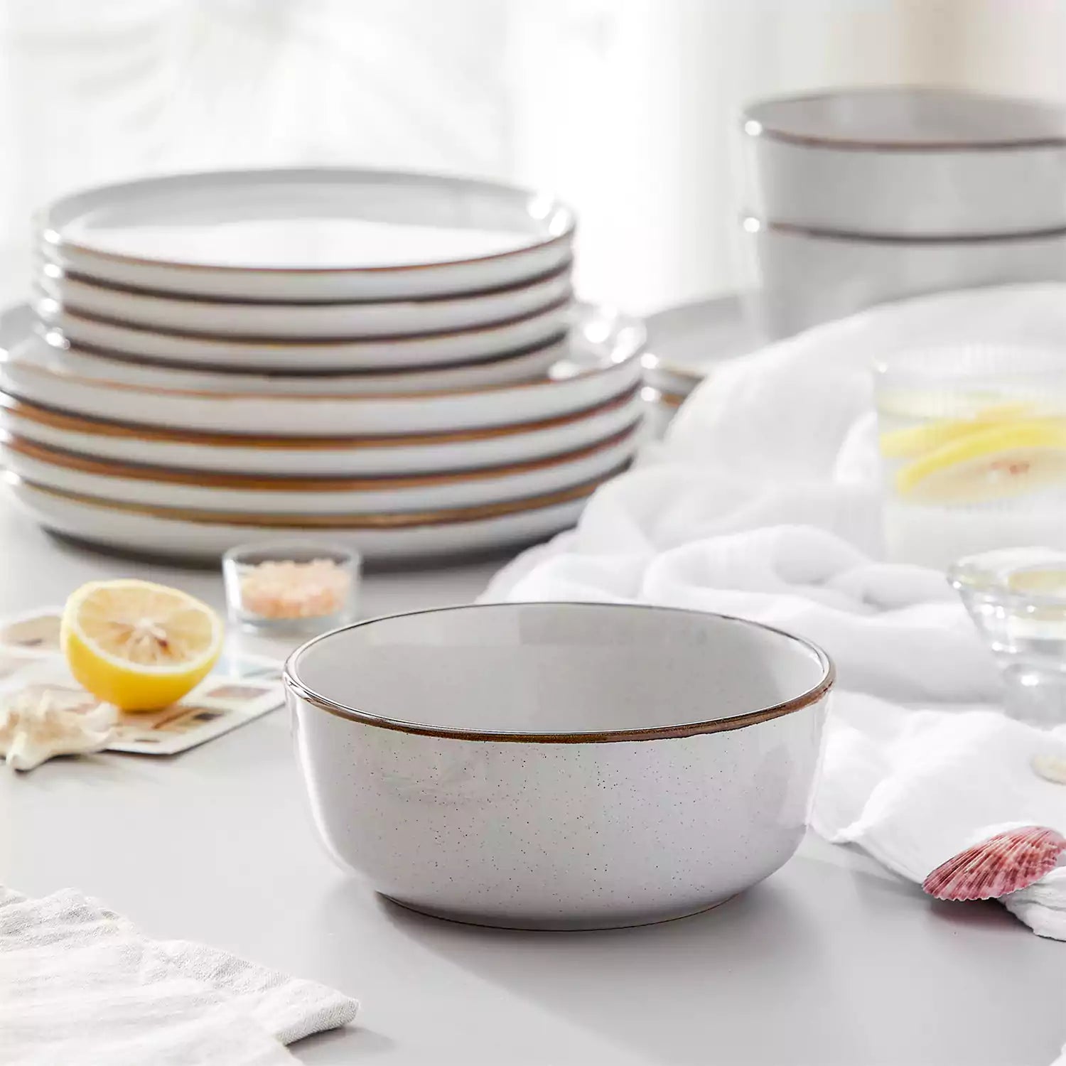 Loire 18-Piece Stoneware Dinnerware Set With Flat Shapes Speckled Glaze And Warm Brown Trim - Grey