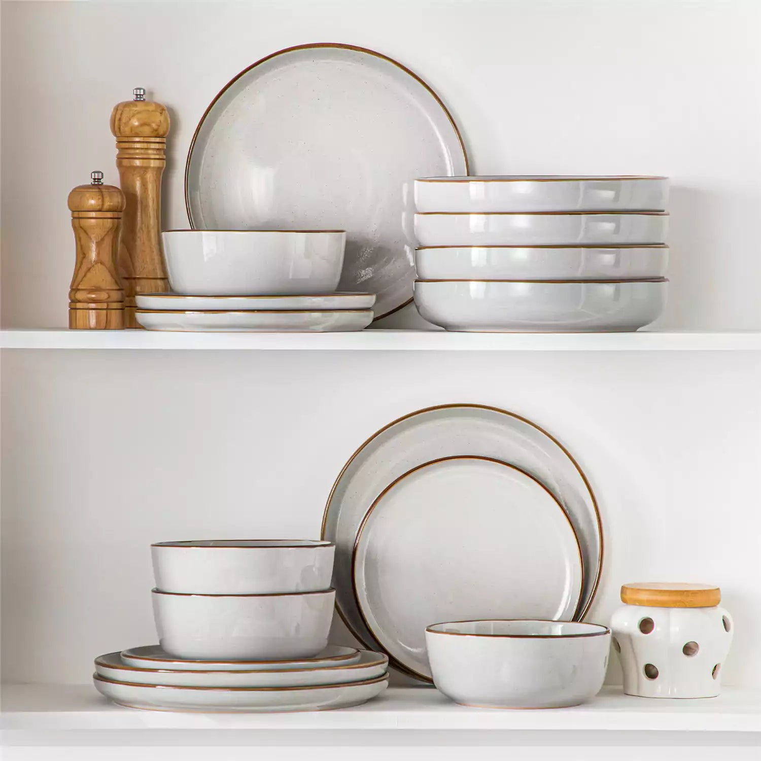 Loire 16-Piece Stoneware Dinnerware Set With A Refined Speckled Glaze And Earthy Brown Trim Ideal For Everyday Meals or Casual Gatherings - Grey
