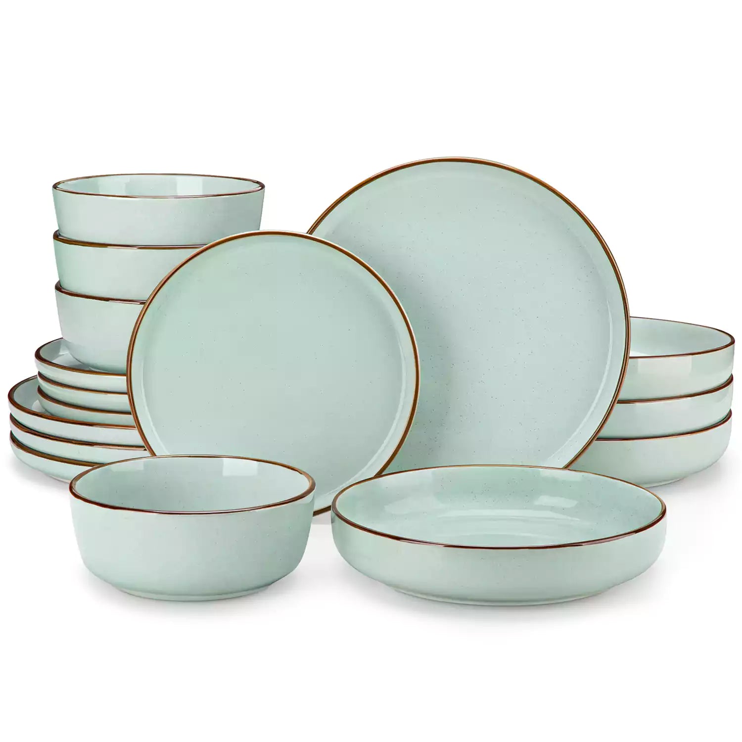 Loire 16-Piece Stoneware Dinnerware Set With A Refined Speckled Glaze And Earthy Brown Trim Ideal For Everyday Meals or Casual Gatherings - Jardin Green