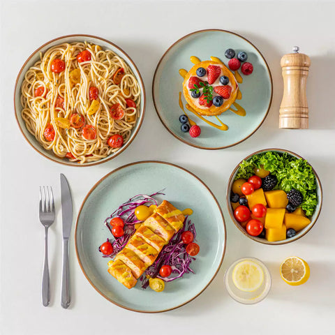 Loire 16-Piece Stoneware Dinnerware Set With A Refined Speckled Glaze And Earthy Brown Trim Ideal For Everyday Meals or Casual Gatherings - Jardin Green