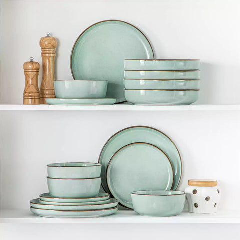 Loire 16-Piece Stoneware Dinnerware Set With A Refined Speckled Glaze And Earthy Brown Trim Ideal For Everyday Meals or Casual Gatherings - Jardin Green