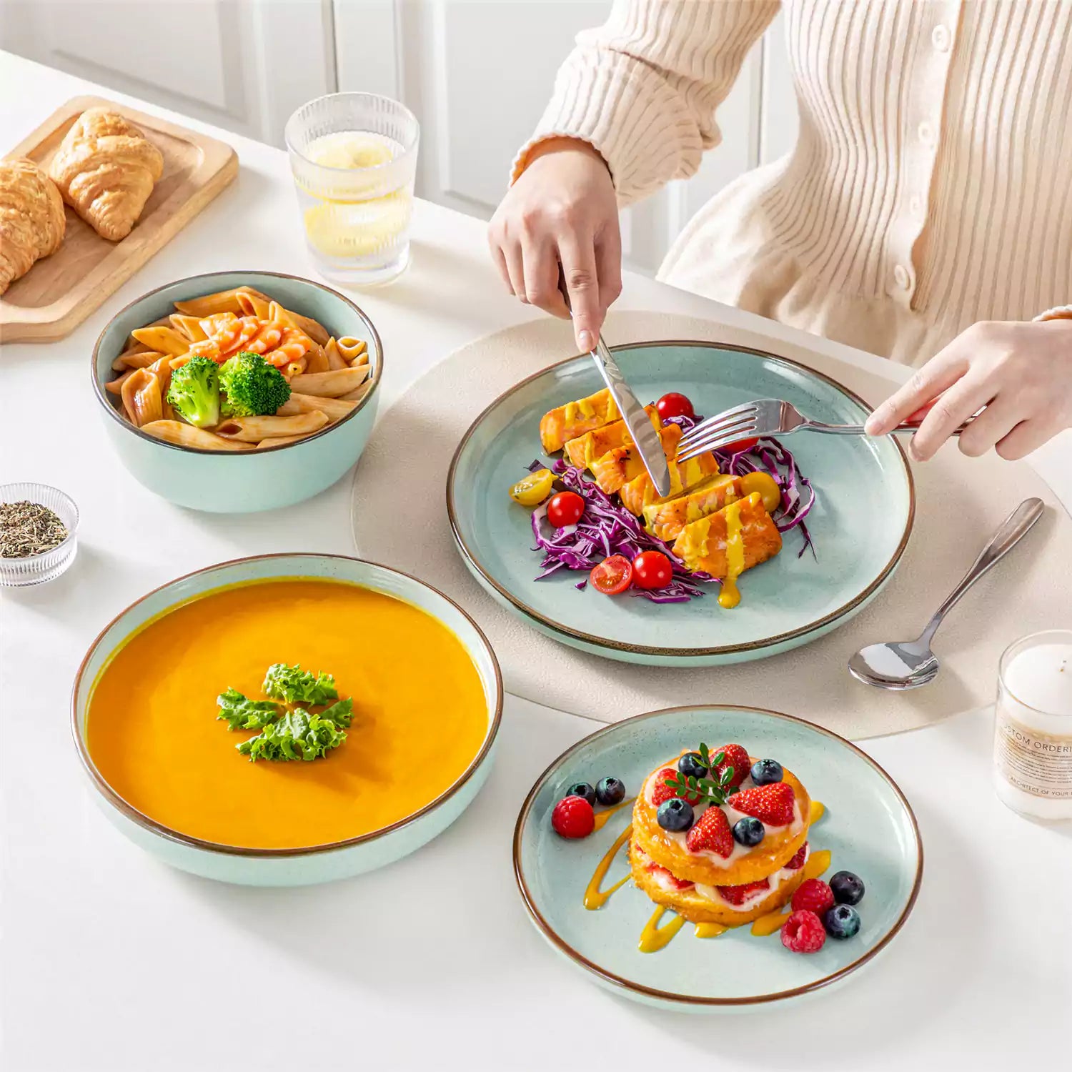 Loire 16-Piece Stoneware Dinnerware Set With A Refined Speckled Glaze And Earthy Brown Trim Ideal For Everyday Meals or Casual Gatherings - Jardin Green