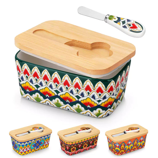 Lumi forest green porcelain butter dish with lid in vibrant Bohemian pattern on a wooden table 1500