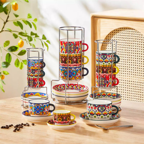 Lumi 6 piece 3oz porcelain coffee cup and saucer set with vibrant  pattern Bohemian design on a rustic wooden table